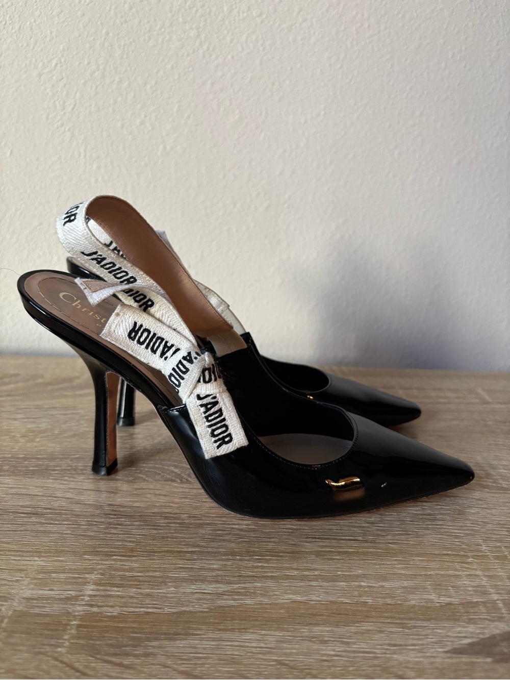 Dior Black Patent Pointed Slingback Pump with White J'Adior Straps - Picture 3 of 8